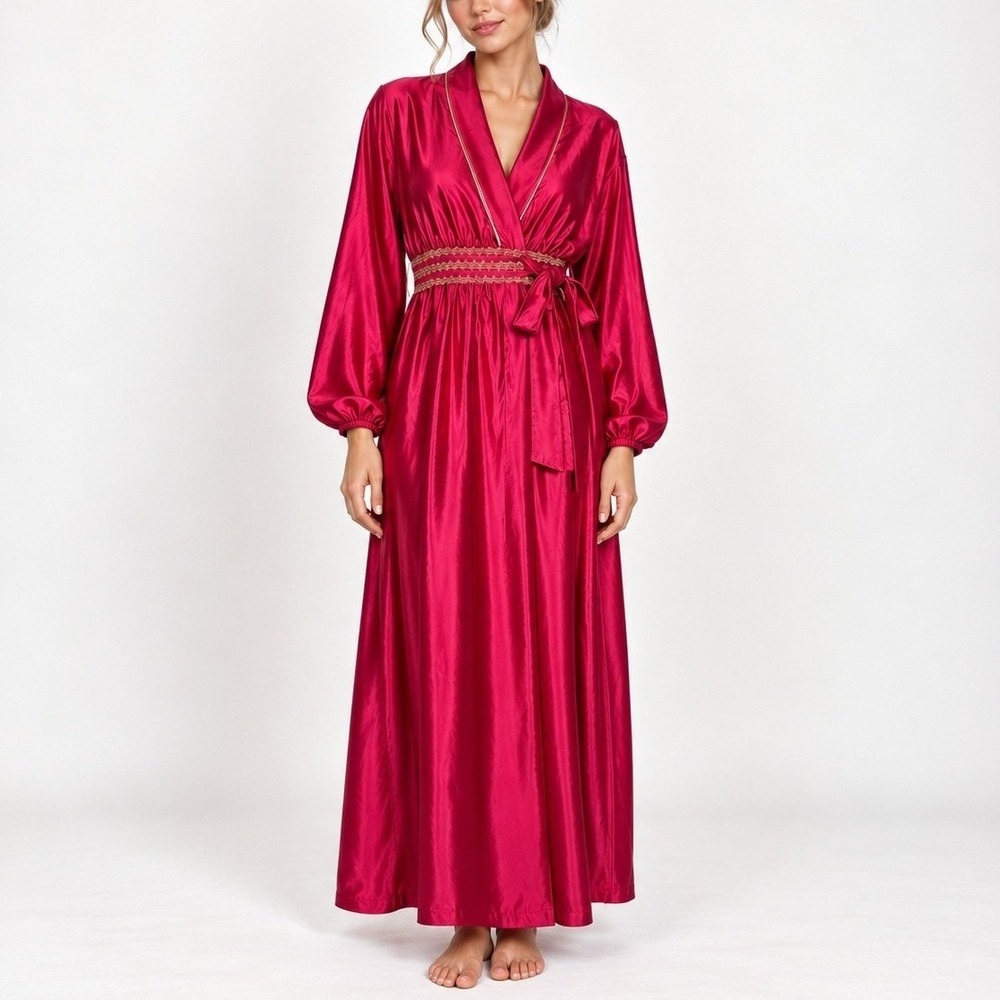 Serenity Robe Women L Magenta Pink Vintage Gold Trim Satin Long Gown 7501